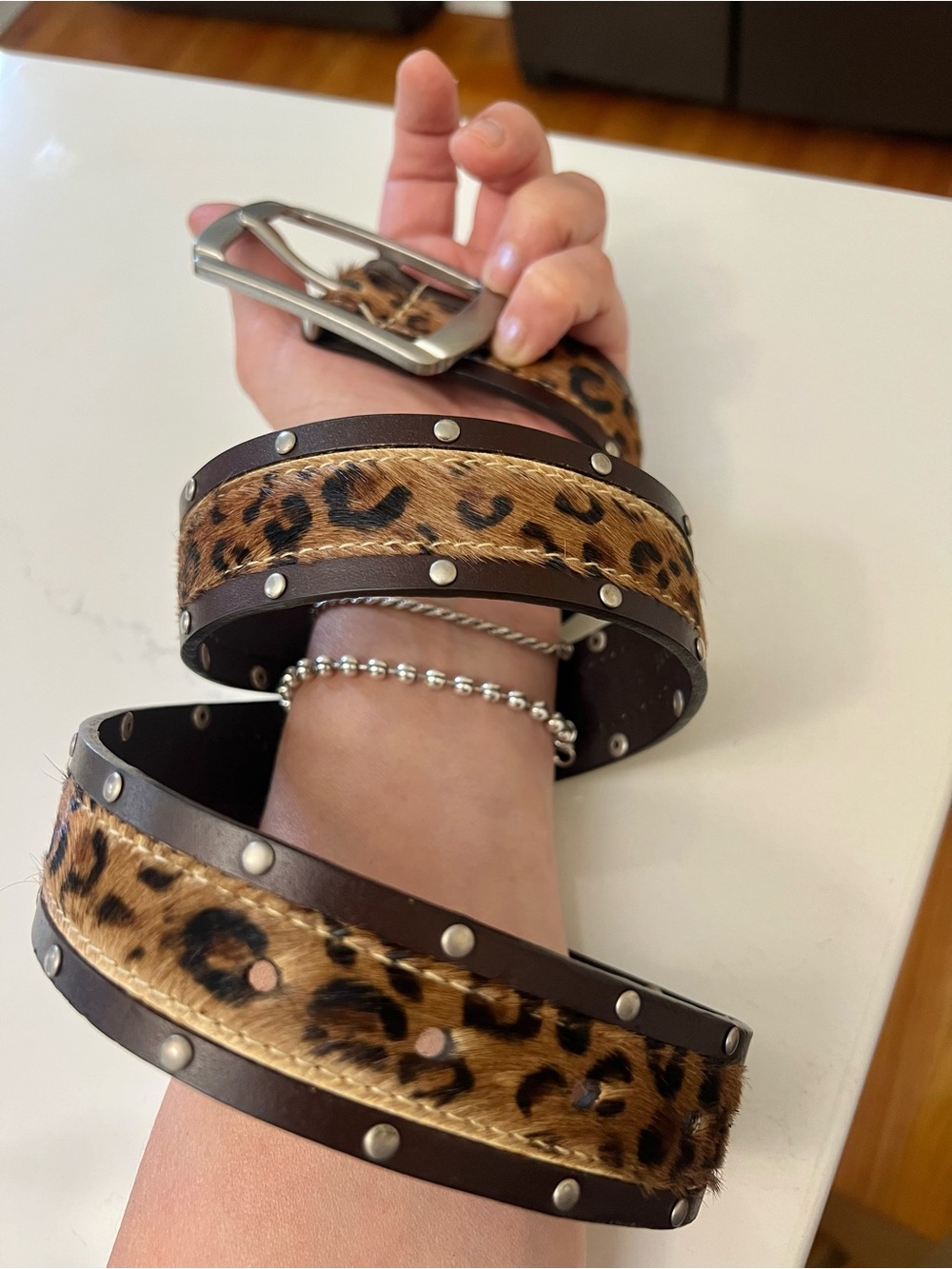 Faux Leopard Print Studded Belt in Brown and Black